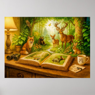 Bosdieren die opstijgen uit een open boek poster