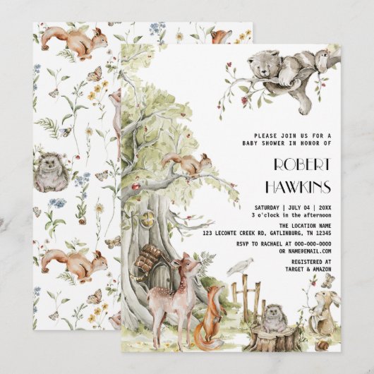 Bosdieren en Forest Friends Baby shower Kaart (Voorkant / Achterkant)