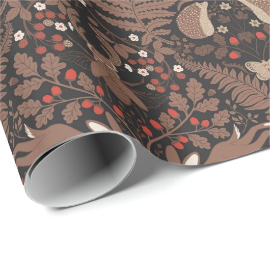 Bosdieren en planten in rood en bruin cadeaupapier (Rol Hoek)