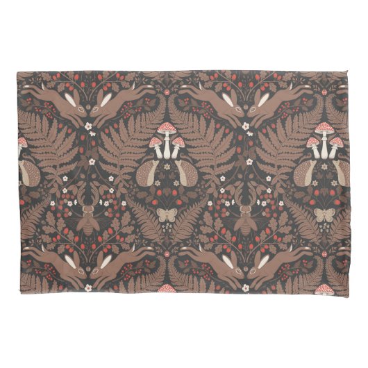 Bosdieren en planten in rood en bruin kussensloop (Voorkant-Links)