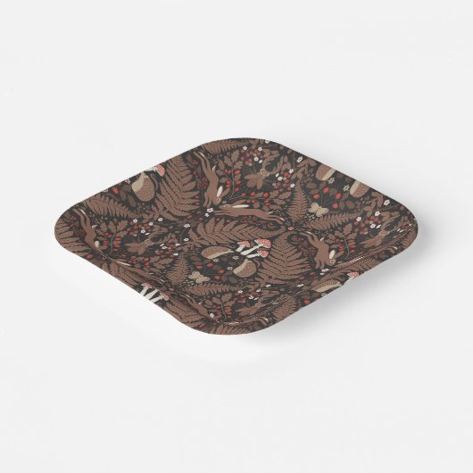 Bosdieren en planten in rood en bruin papieren bordje (Gebogen)