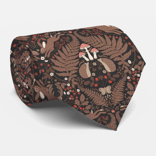 Bosdieren en planten in rood en bruin stropdas (Opgerold)