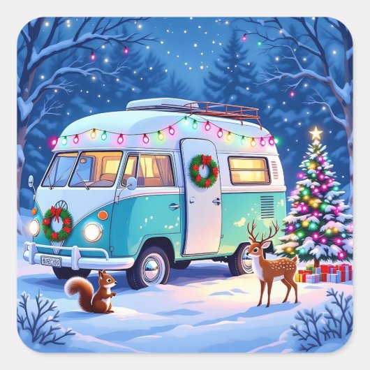 Bosdieren en Retro RV Camper Vierkante Sticker (Voorkant)