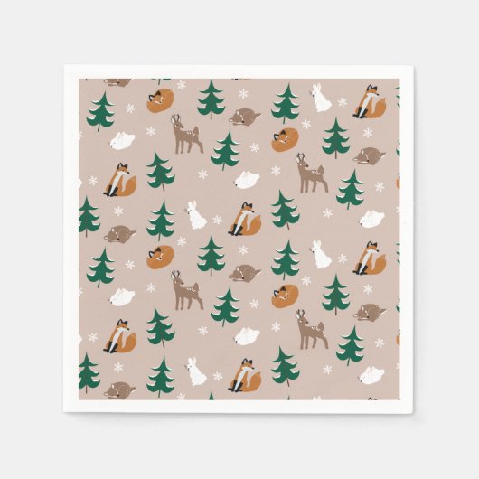 Bosdieren Fox Herten Konijn Sneeuwvlokken Bomen Servet (Voorkant)