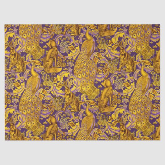 BOSDIEREN, FOX, PEACOCK, HARE GOUDE PAARSE Florenz Tissuepapier (Voorkant)