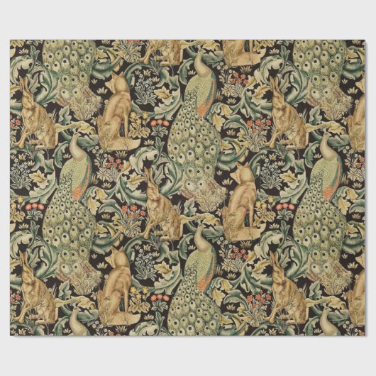 BOSDIEREN, FOX, PEACOCK, HARE IN GROENE PLANTEN CADEAUPAPIER (Vlak)