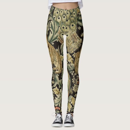 BOSDIEREN, FOX, PEACOCK, HARE IN GROENE PLANTEN LEGGINGS (Voorkant)