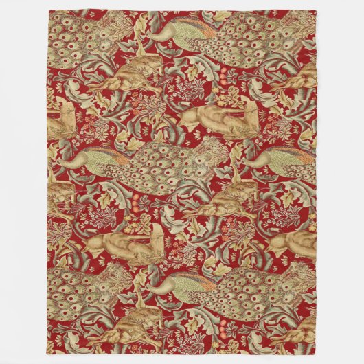 BOSDIEREN, FOX, PEACOCK, HARE IN RODE PLANTEN FLEECE DEKEN (Voorkant)