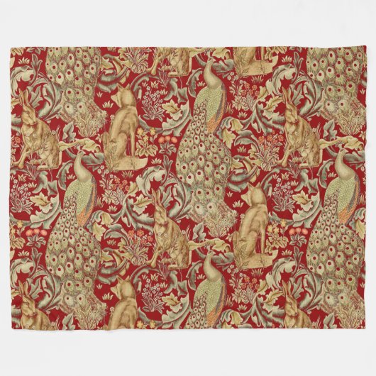 BOSDIEREN, FOX, PEACOCK, HARE IN RODE PLANTEN FLEECE DEKEN (Voorkant (Horizontaal))