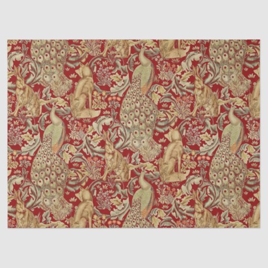 BOSDIEREN, FOX, PEACOCK, HARE IN RODE PLANTEN TISSUEPAPIER (Voorkant)