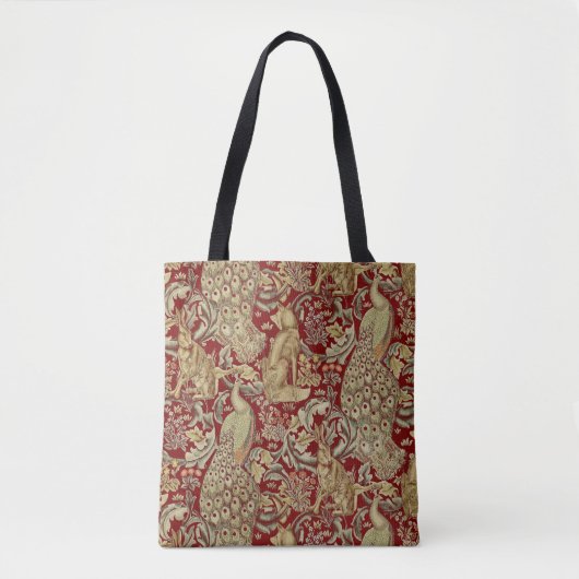 BOSDIEREN, FOX, PEACOCK, HARE IN RODE PLANTEN TOTE BAG (Voorkant)