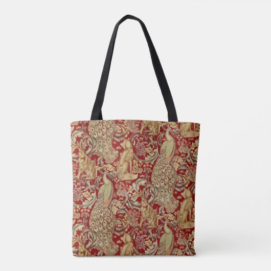 BOSDIEREN, FOX, PEACOCK, HARE IN RODE PLANTEN TOTE BAG (Achterkant)