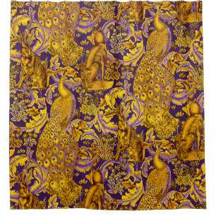 BOSDIEREN Fox,Peacock,Hare Paarse goudbloemen Douchegordijn