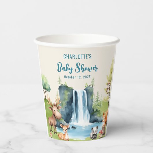 Bosdieren Gepersonaliseerd Blauw Baby shower Papieren Bekers (Achterkant)