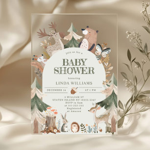 Bosdieren geslacht neutrale rustieke baby shower acryl uitnodigingen