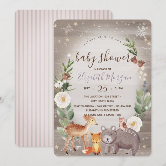 Bosdieren Gestreepte Baby Shower Uitnodiging (Voorkant / Achterkant)