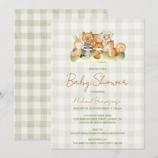 Bosdieren Gingham Baby Shower Kaart (Voorkant / Achterkant)