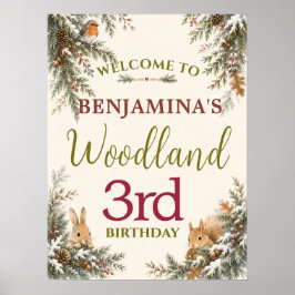 Bosdieren gluren rond 3e verjaardag in knus winter poster