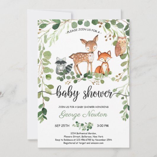 Bosdieren groen boho baby shower kaart (Voorkant)