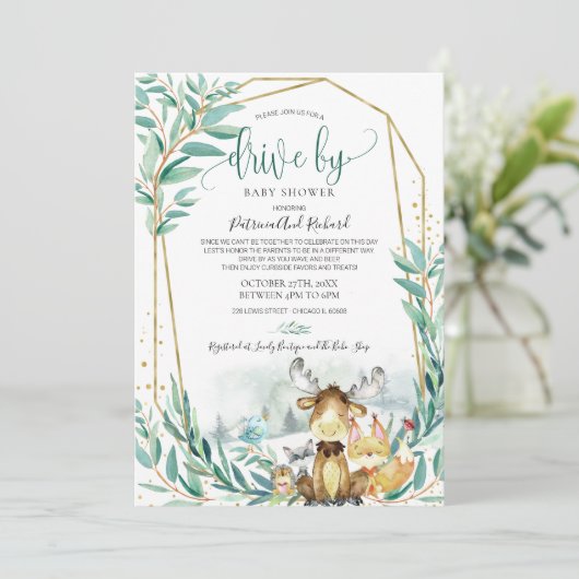 Bosdieren groen rijden met Baby shower Kaart (Staand voorkant)