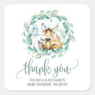 Bosdieren groene baby shower bedankt vierkante sticker