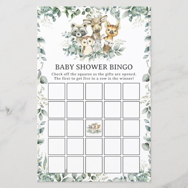 Bosdieren groene baby shower bingo spel (Voorkant)