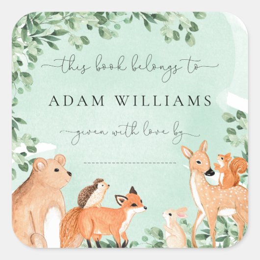 Bosdieren groene boekplaatsticker vierkante sticker (Voorkant)