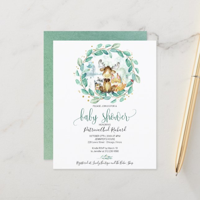 Bosdieren groene budget babyshower (Voorkant / Achterkant in situ)