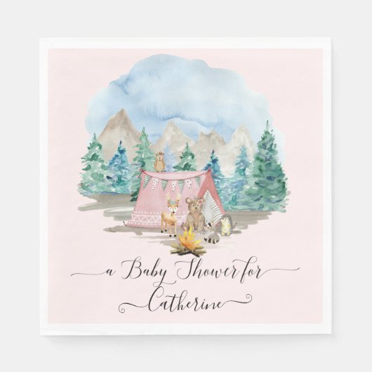 Bosdieren Herten Beer Rustiek Roze Baby shower Servet (Voorkant)