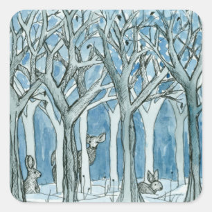 Bosdieren Herten Winterbomen Waterverf Vierkante Sticker