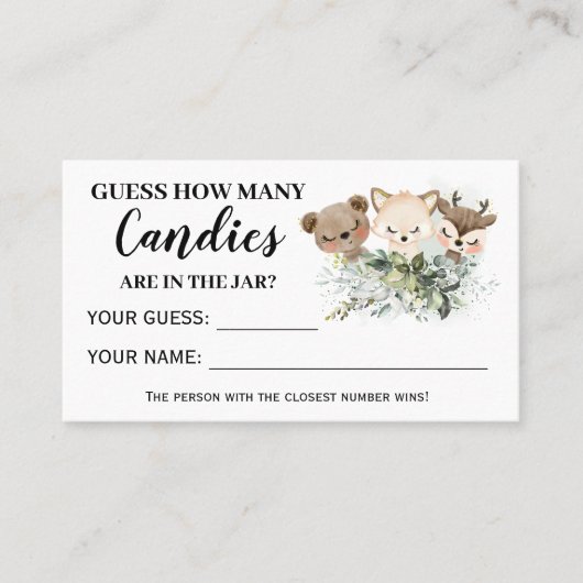 Bosdieren hoeveel Snoepjes Baby shower Plaatskaartje (Voorkant)