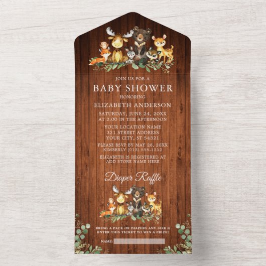 Bosdieren Hout Baby shower en Raffle All In One Uitnodiging (Binnen)