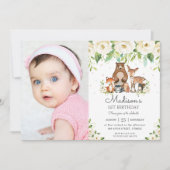 Bosdieren Ivory Bloemen 1e Verjaardag Foto Kaart (Voorkant)