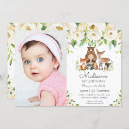 Bosdieren Ivory Bloemen 1e Verjaardag Foto Kaart