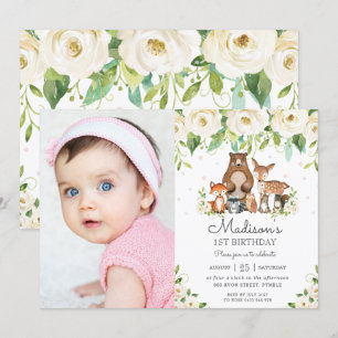 Bosdieren Ivory Bloemen 1e Verjaardag Foto Kaart