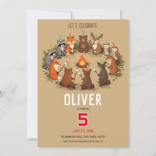Bosdieren Kampvuur Verjaardagsfeestje Kaart (Voorkant)
