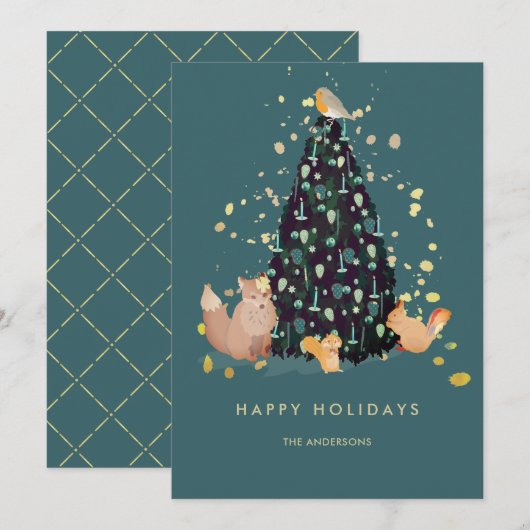 Bosdieren Kerstboom Thee-blauwe Kerstkaart (Voorkant / Achterkant)