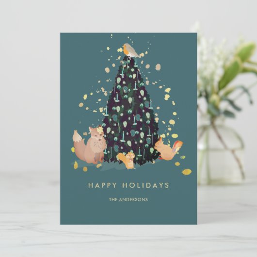 Bosdieren Kerstboom Thee-blauwe Kerstkaart (Staand voorkant)