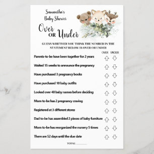 Bosdieren Meer of Minder Baby Shower Spelkaart Flyer