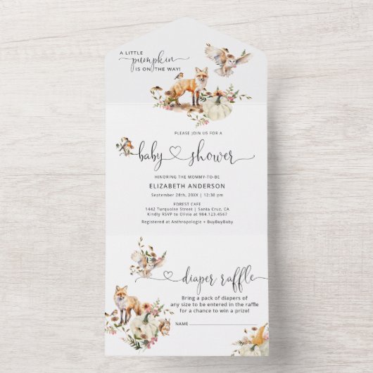 Bosdieren Pompoen Herfst Bloemen Baby shower All In One Uitnodiging (Binnen)