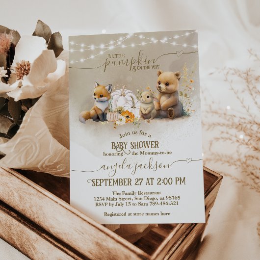 Bosdieren Pompoen Herfst Bloemen Baby shower Kaart