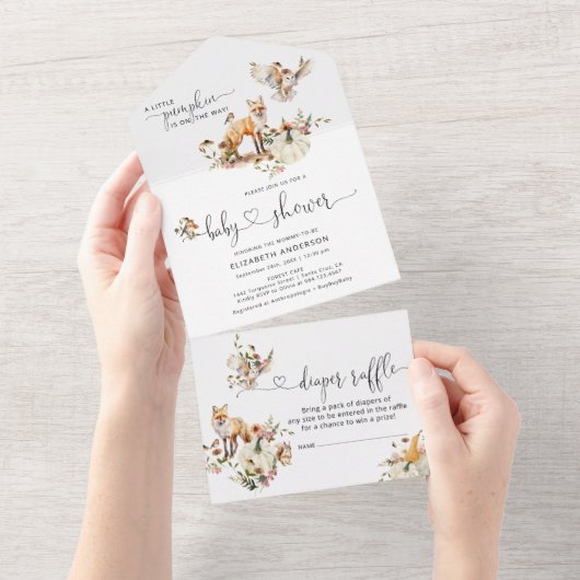 Bosdieren Pompoen Herfst Bloemige Baby Shower All In One Uitnodiging (Afscheurbaar)