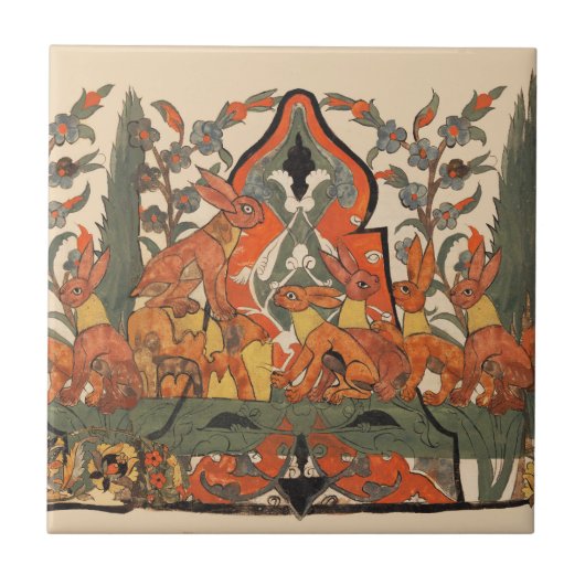 BOSDIEREN, RODE KONIJNEN TUSSEN BLOEMEN EN BLADERE TEGELTJE (Voorkant)