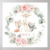 Bosdieren Roze Bloemige Groene Muur Kunst Poster (Voorkant)