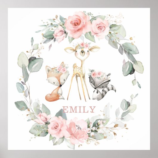 Bosdieren Roze Bloemige Groene Muur Kunst Poster (Voorkant)