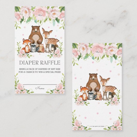 Bosdieren Roze Blush Bloemen Luier Raffle Informatiekaartje (Voorkant / Achterkant)