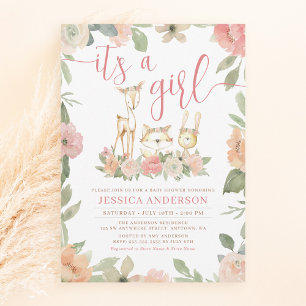 Bosdieren Rustieke Bloemen Meisje Baby Shower Kaart