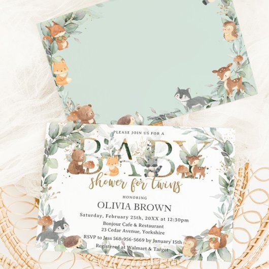 Bosdieren Sage Groen Tweeling Baby shower Kaart