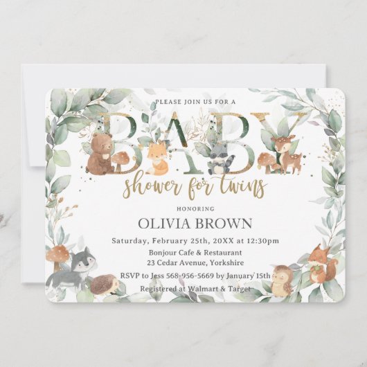 Bosdieren Sage Groen Tweeling Baby shower Kaart (Voorkant)