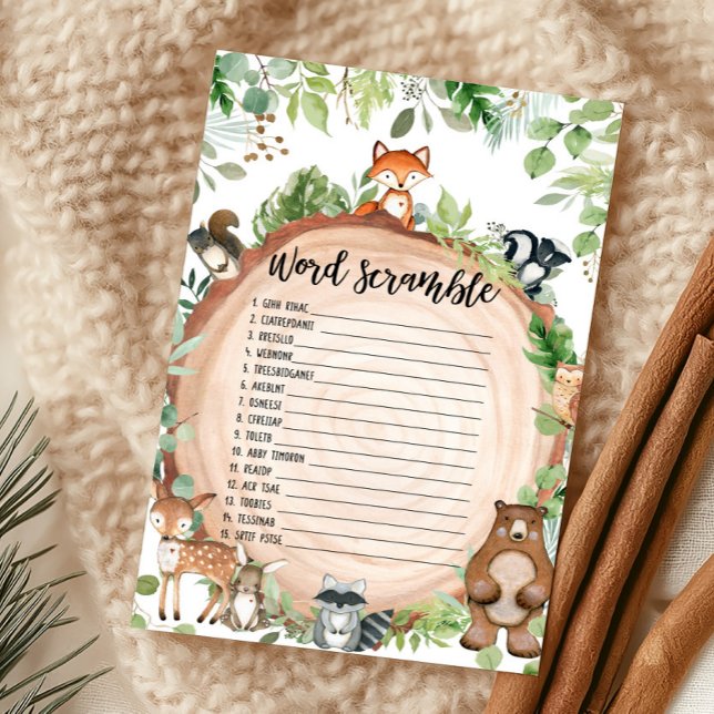 Bosdieren Shower Woord Ontscramble Game (Wood Slice Woodland Baby Shower Word Scramble Game)